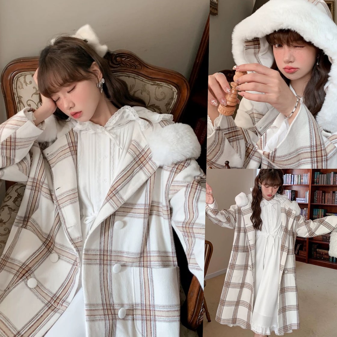 コート チェック 可愛い 原宿 渋谷 ファー 白 JK カジュアル 