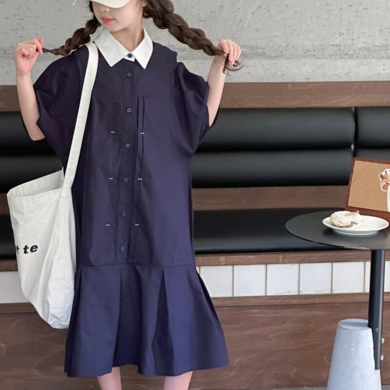シャツカラー 韓国風 フレアワンピース 2025年新作 ネイビー