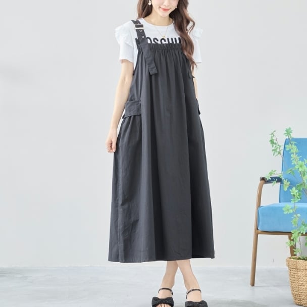 TRUBE ショルダーギャザー ジャンパースカート ロング丈 サイドポケット付き 大人カジュアル C38-1188 fmsd レディース 長袖 デイリーファッション 大人フェミニン 大人可愛い 普段着 ミセス