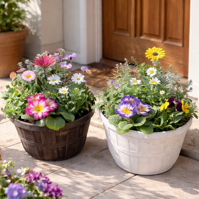 季節の寄せ植え アンティーク柄 軽量プラスチック鉢 内径24cm  2鉢セット （鉢の色選択不可 ）１鉢に６〜7種類のお花で構成 鉢植え ラッピング不可 ギフトメッセージOK
