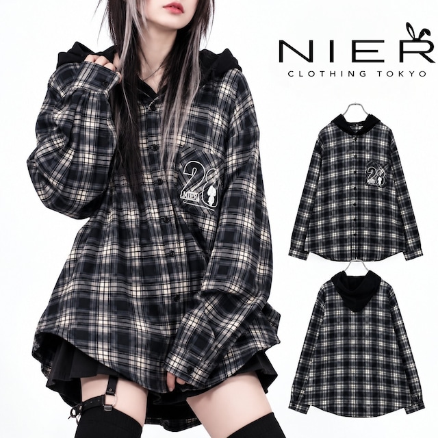 胸ポケット付きCHECK HOODED SHIRT OUTER