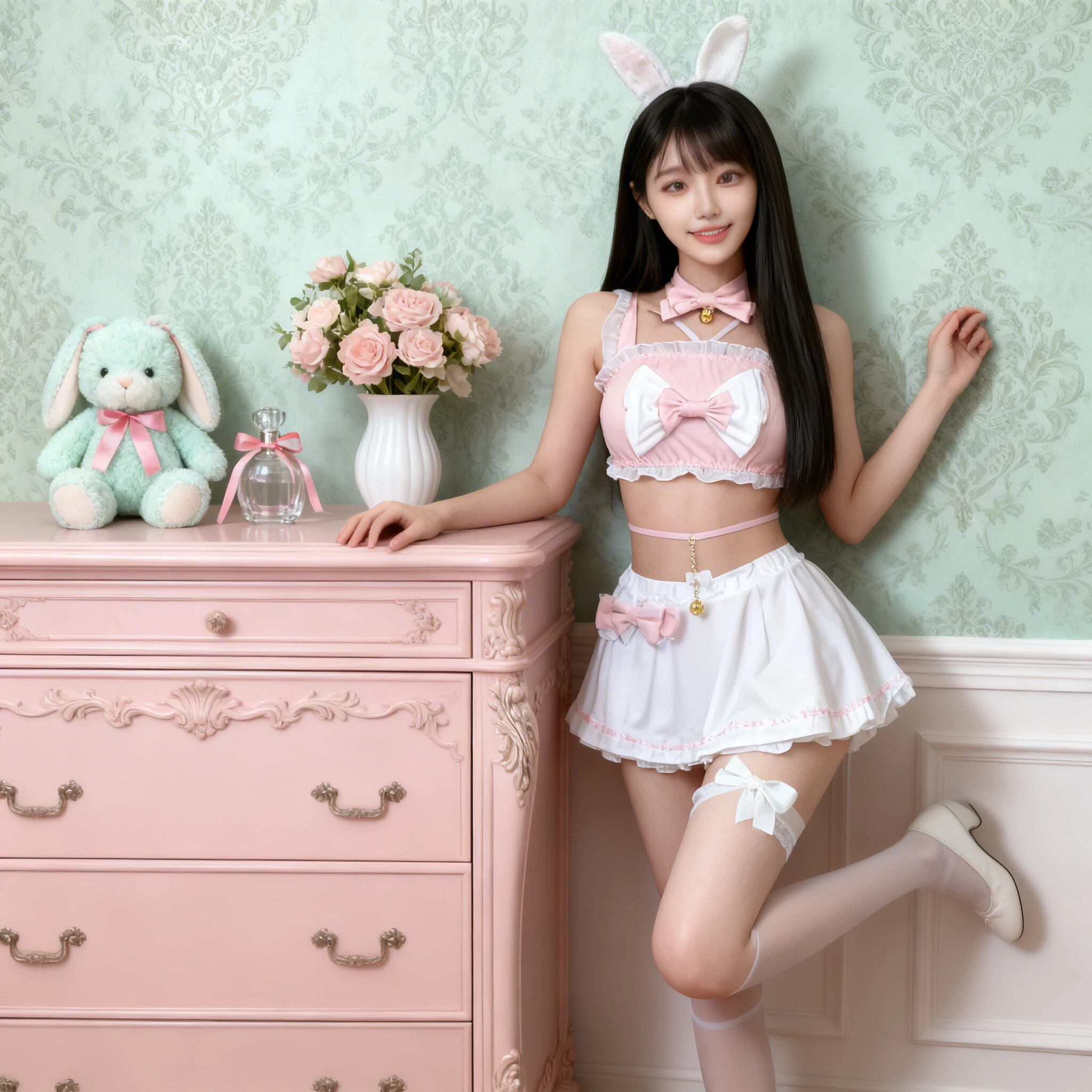 〔メイド〕ふんわりにゃんこセットアップ|ピンク×ホワイトのリボン猫コスチューム