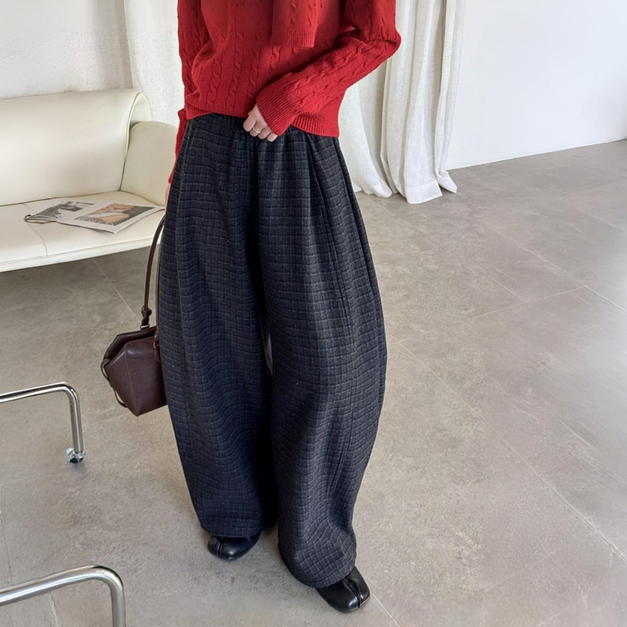 フリースライニングチェックカーブパンツ A01971