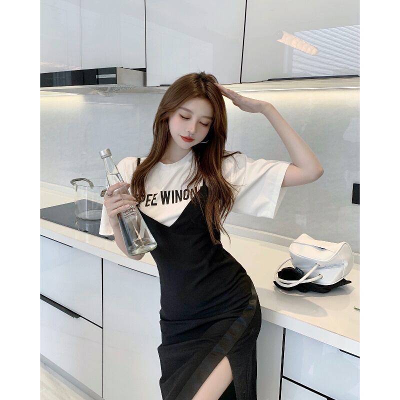 ツーピース ドレス サマースカート ウェスト 夏物 ブラックストロベリース49500953353