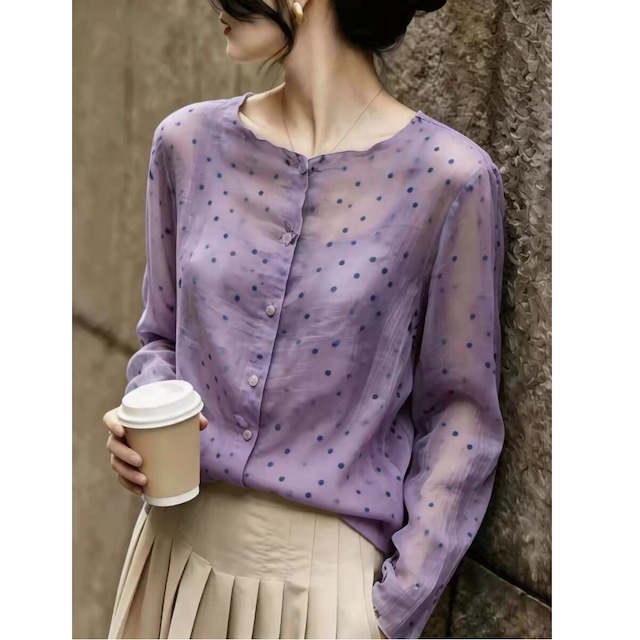 purple polka dot sheer collarless blouse<t3119>