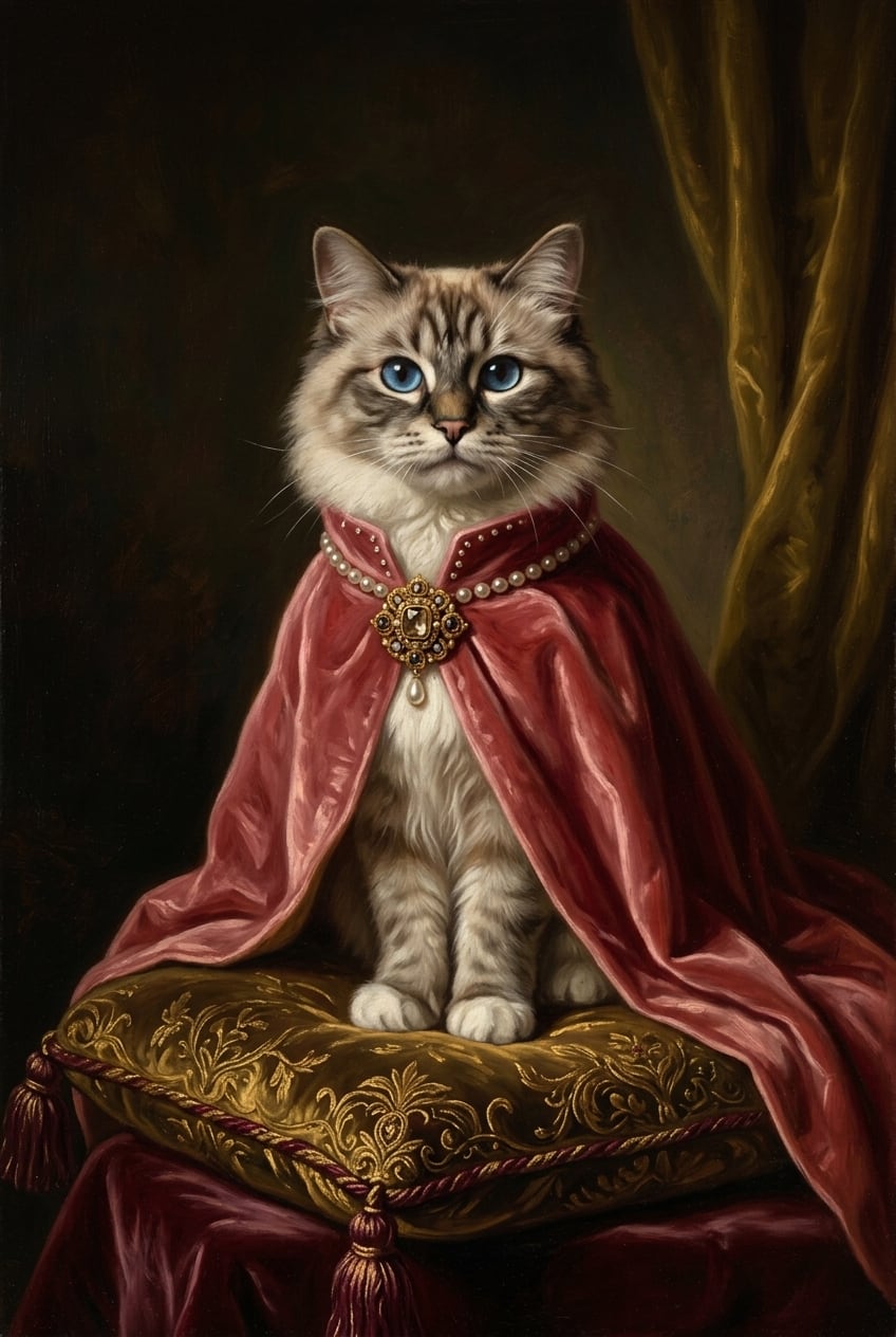 猫（ラグドール）のルネサンス風肖像画 油絵風アートA3額装インテリア