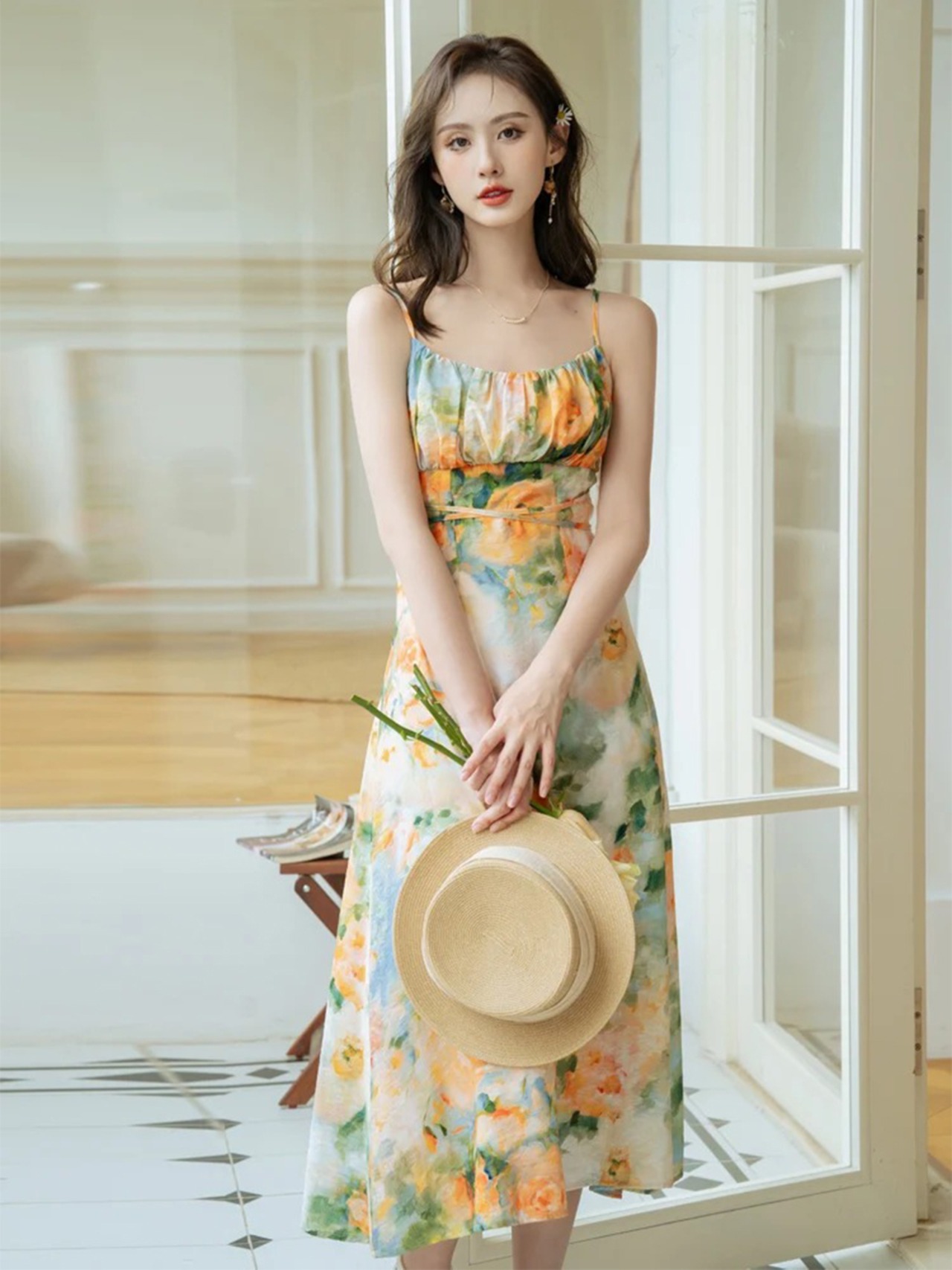 【0243】2set Floral Gathers Short Sleeve Dress