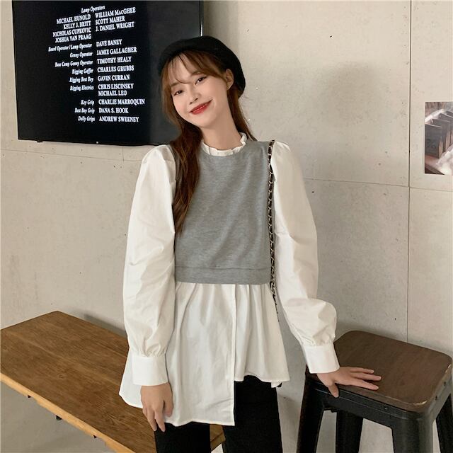 【予約販売】ブラウス レディース 長袖 カジュアル ベスト 重ね着 ボリューム袖 ベストレイヤード風 フレアブラウス グレー/ブラック