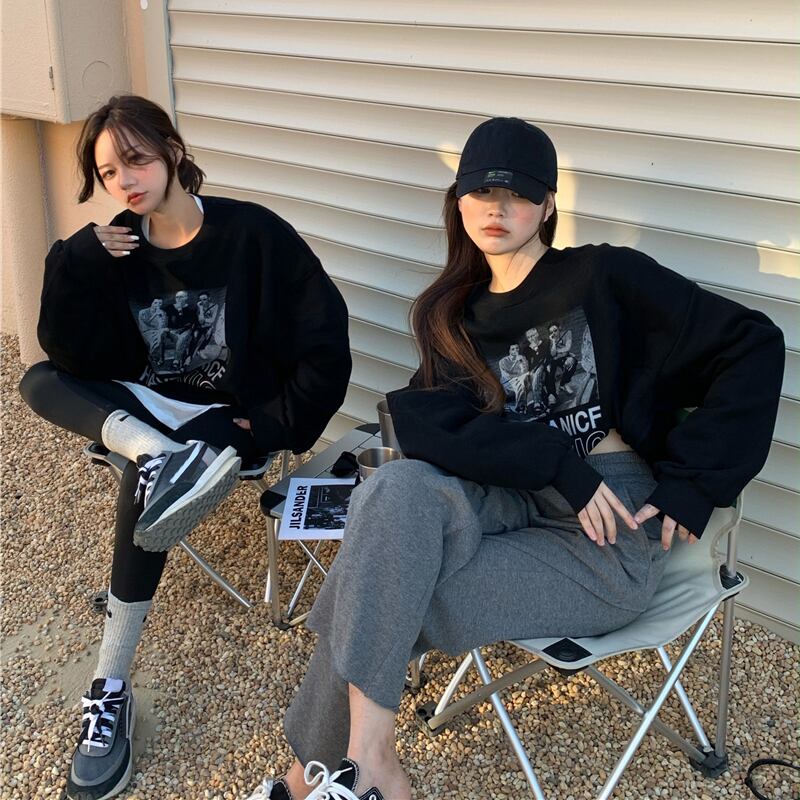 スタンダードプリントセーター ジャケット レディースオータムウィンターベルベットルーズ レトロ 秋物 冬物 ブラックストロベリース15545016247