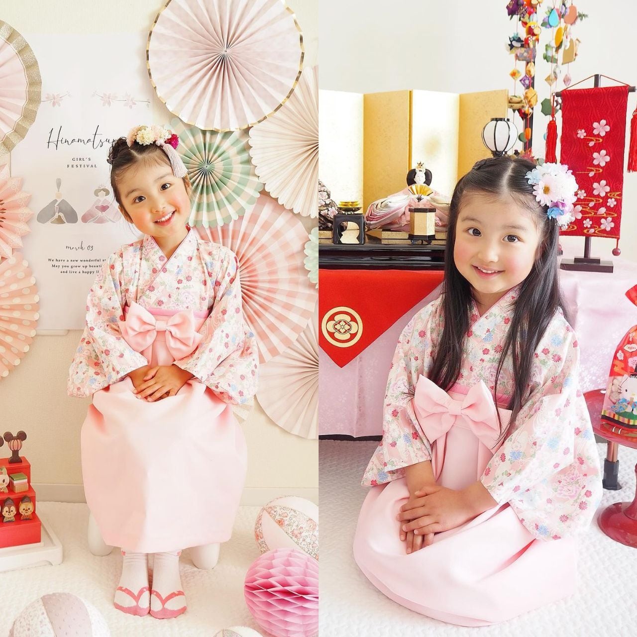 袴ワンピース 【和小花アイボリー×ワインレッド袴×ピンク襟×薄紫帯