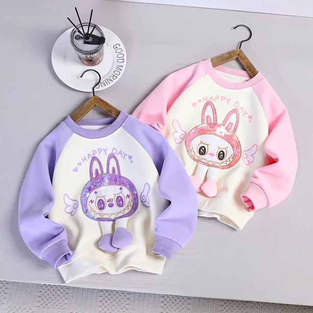 キラキラ天使LABUBU！ ラブブ スパンコール刺繍+立体足付き 子供用コットンパーカー 110-160cm リブ袖口 カラーコンビ 可愛いプルオーバー