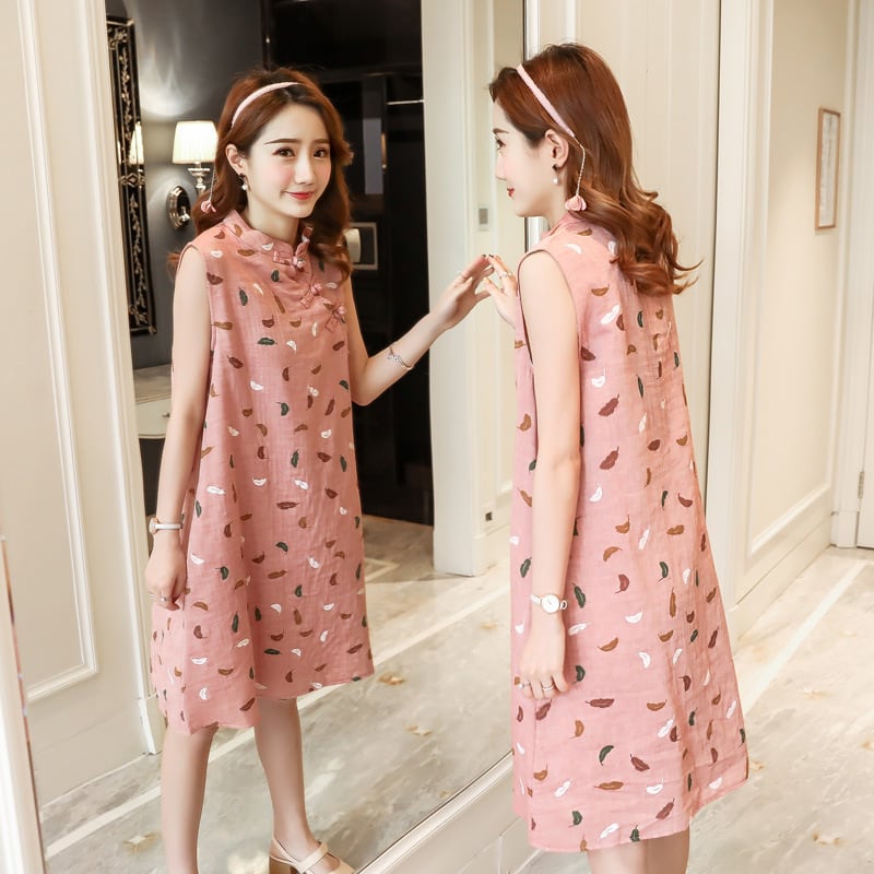 【新作】【送料無料】 マタニティウェア2020夏の新しいファッションコットンとリネンの改良されたチャイナドレス、タイドマザースタンドアップカラーノースリーブマタニティドレス-アリババ サマー 夏物 expec285268048480