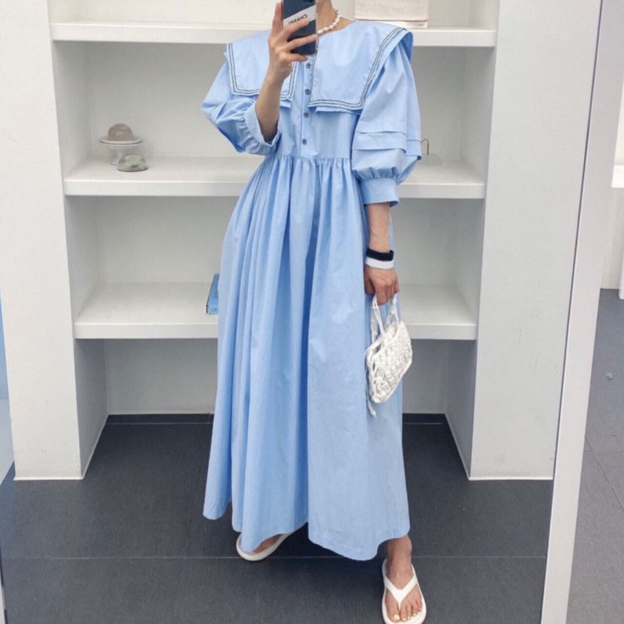 ビック カラー スティッチ ワンピース-ブルー