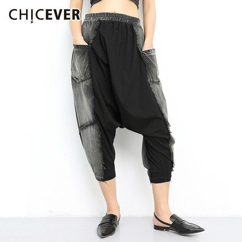 CHICEVERサマーヴィンテージヒットカラーライトウォッシュレディースパンツ伸縮性ミッドウエストポケットルーズプラスサイズ足首丈ハーレムパンツ2020 エラスティック 大きめサイズ 夏物 ビンテージ 6base542588810658