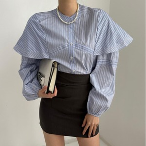 <2カラー>ブラウス シャツ フリル ストライプ ノーカラー 長袖 ラウンドネック カジュアル シンプル