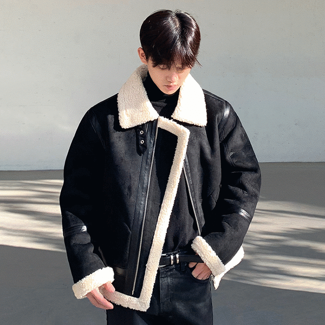 スエード レザー ムートンジャケット コート ボア素材 ハイネック メンズファッション 韓国