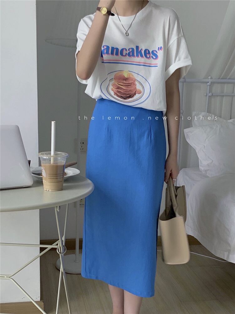 プリント薄手ラウンドネックTシャツ サマースタイルソリッド カラーロングスカート 夏物 Oネック ソリッドカラー ビッグFスモールZ韓国46245286071