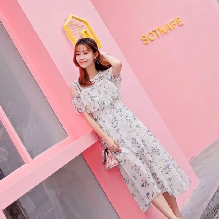 オープンショルダー花柄シフォンマキシワンピース 全3色 L0006 | LILIANA