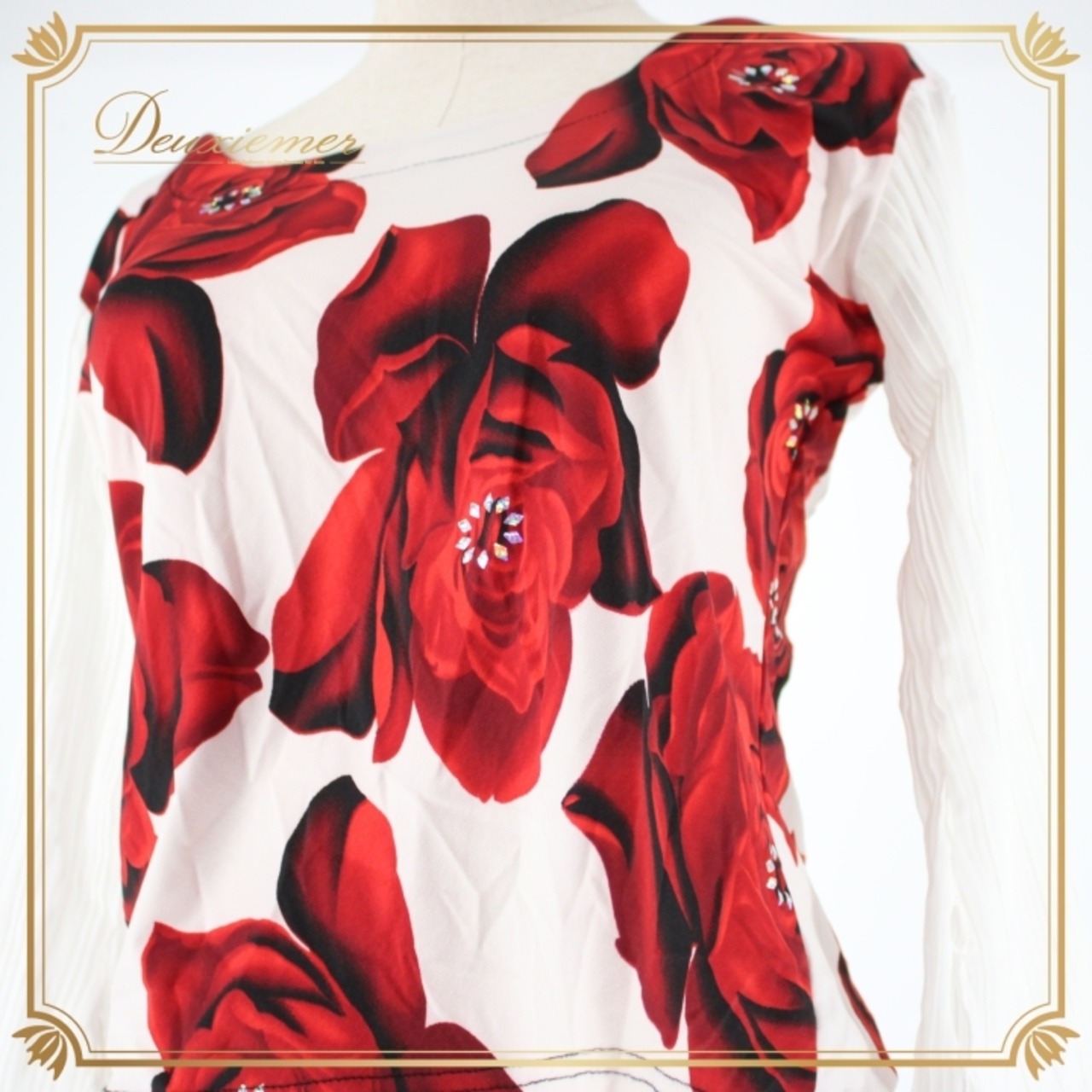 社交ダンス 衣装 スタンダード トップス レッスンウェア レディース オールシーズン 花柄 赤 白 U:NA ユーナ ホワイト系 レッド系 長袖 花柄トップス レッスンウェア レディース用 ダンス衣装 ストレッチ ルームウェア 年中使用可能 おしゃれ お出かけ用 上品 トップス Mサイズ 女子向け フラワーデザイン スポーツウェア 薔薇柄