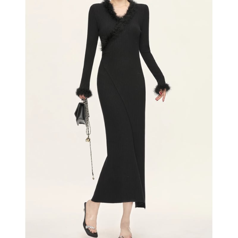 feather v-neck ribbed knit long dress la1285