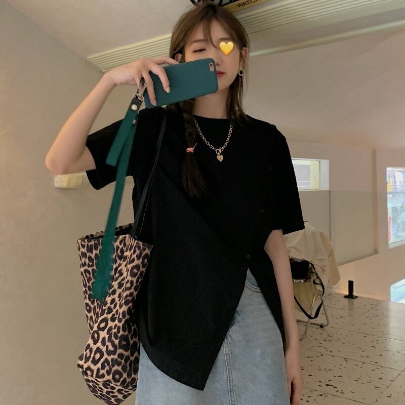 ブラックTシャツ ルーズスリット半袖スリーブサマー ショート ハーフスリーブ 夏物 YY-ファッション41491059483