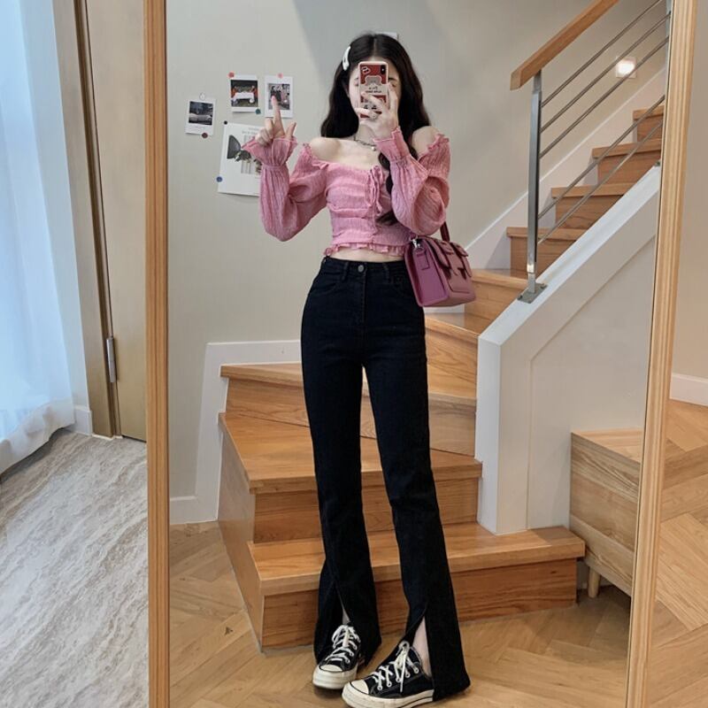 オータムスリーブシャツ ハイウェストウェストジーンズ 秋物 萌量不足90855240525