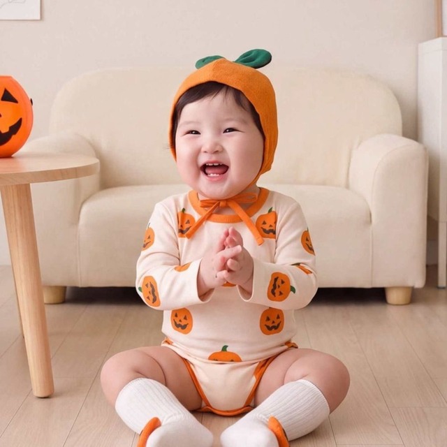 【ハロウィン】可愛いかぼちゃプリントロンパース C0730