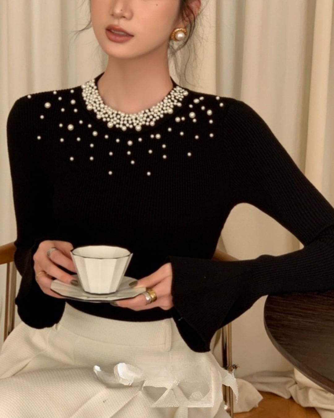 パールネックフレアスリーブトップス l5075