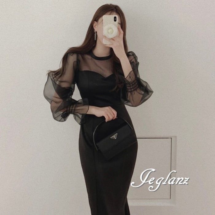 パーティ ドレス ワンピース 異素材 レース 透け感 マーメイド ♪(M8831)ζ