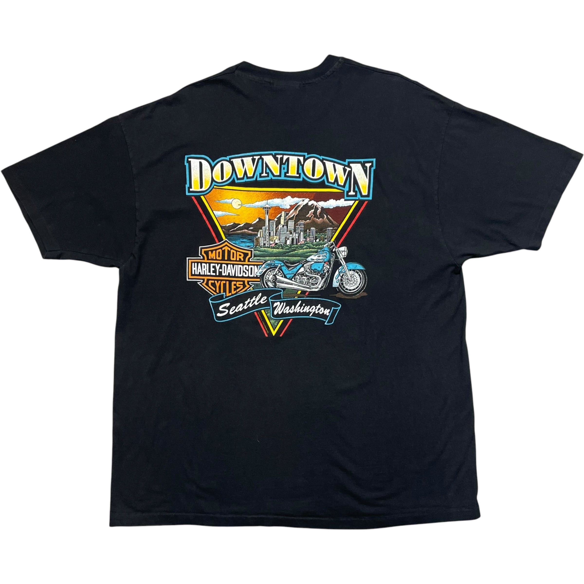 《XXL》Harley-Davidson ハーレーダビッドソン Tシャツ 両面プリント シングルステッチ バイク ダウンタウンプリント ブラック USA製 90年代 vintage no.10368