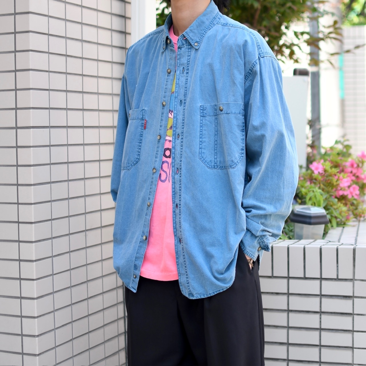 fade blue double pocket plain weave cotton shirt