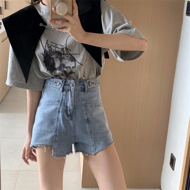 ジーンズ レディースハイウェストウェストルーズショーツ サマー薄手パンツ 夏物 ブルマー ブラックストロベリース51793374311