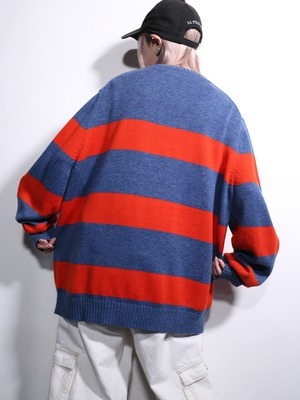"LAND'S END" blue ×orange good coloring border cotton knit