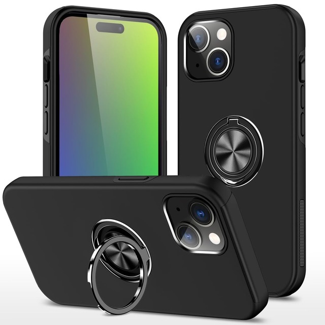 iPhone 15 用 ケース リング付き スタンド機能 Uovon 耐衝撃 TPU 二重構造 滑りにくい 薄型・ブラック