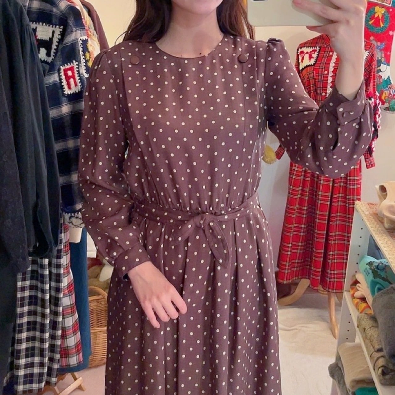 brown dot waist ribbon one-piece