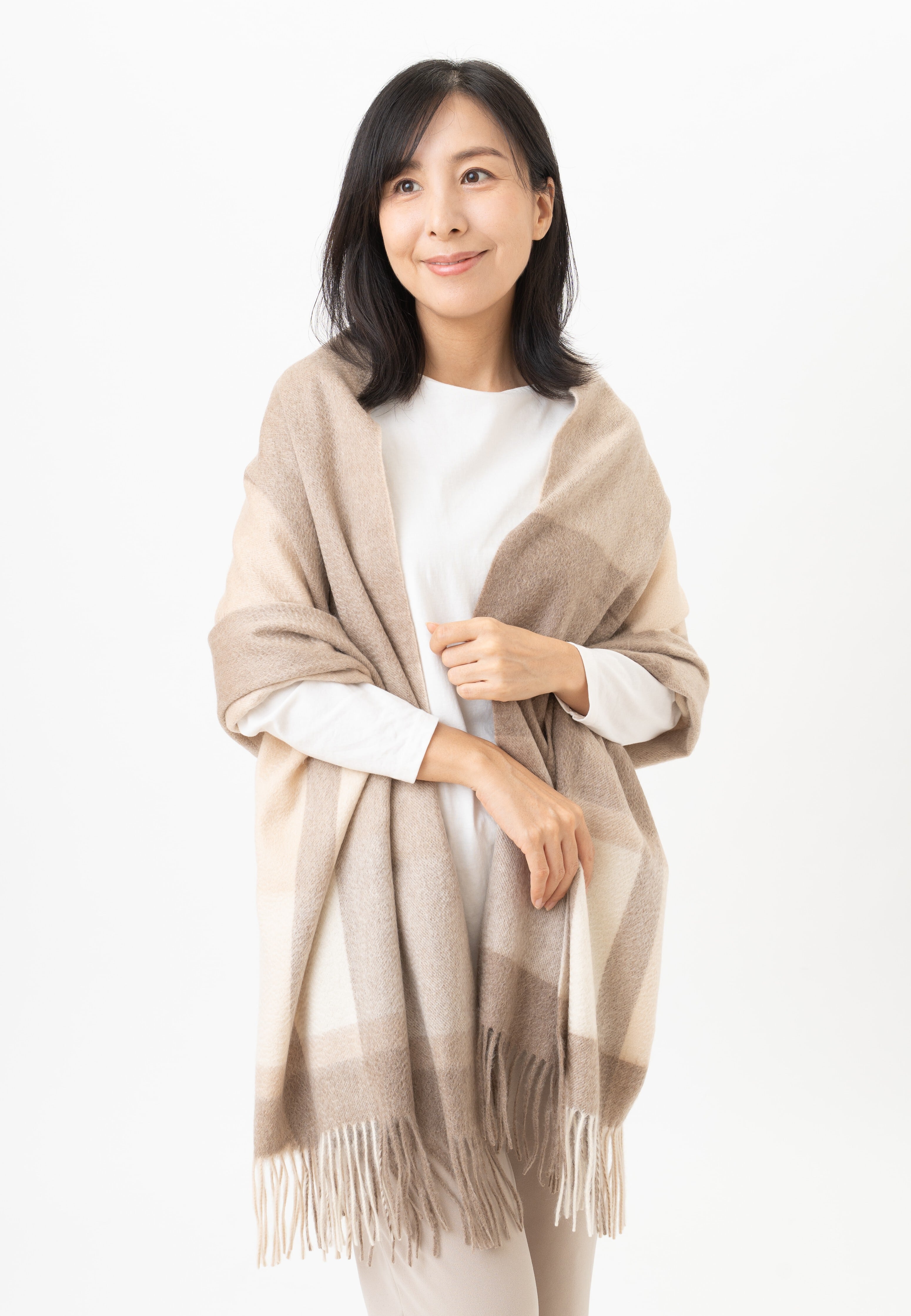 カシミヤ100%大判チェックストール Kamogawa - カモガワ/グレージュ 幅60cm×縦180cm(本体部分)+10cm×2(房部分)