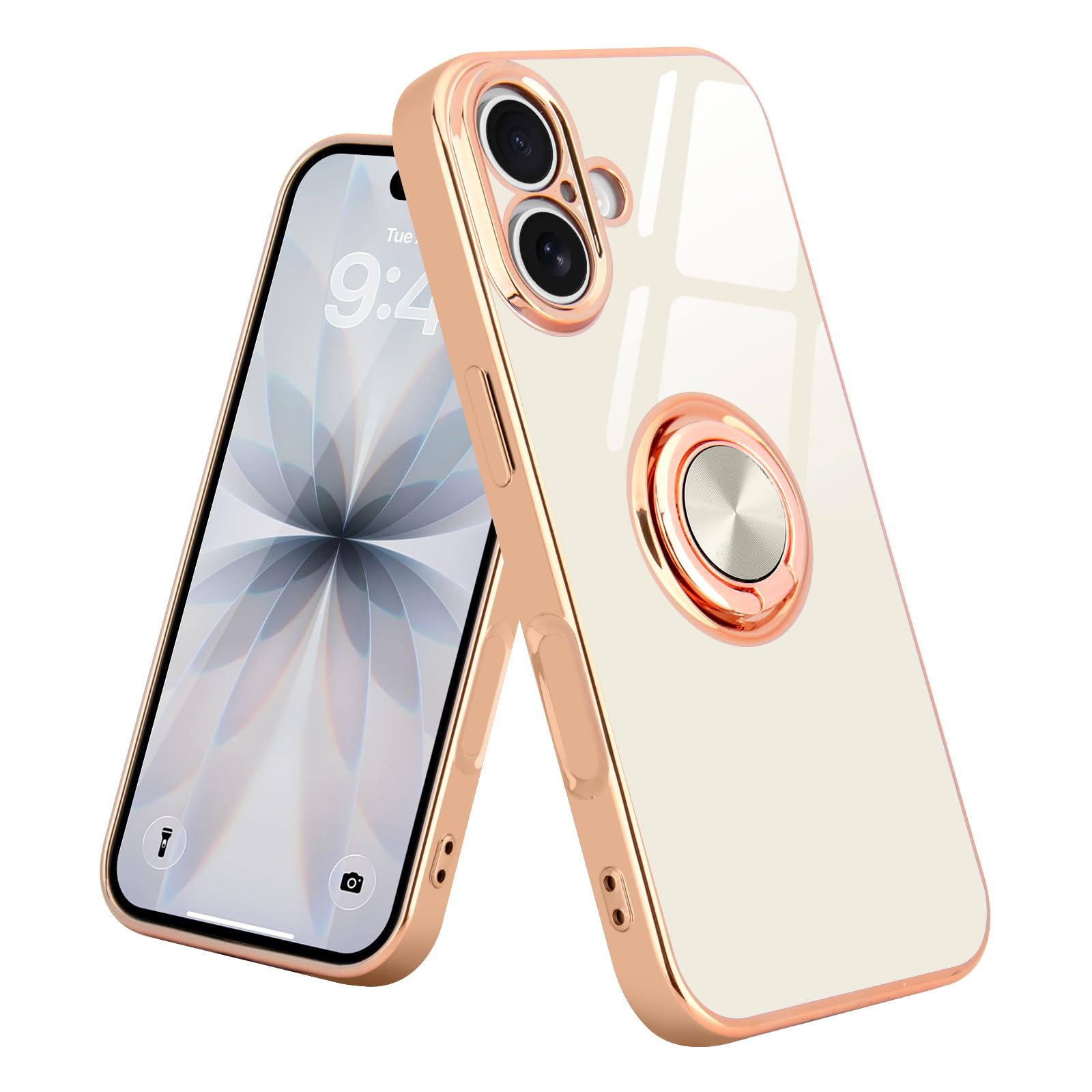 Wirvyuer iPhone 17 用 ケース リング付き 360°回転 スタンド機能 耐衝撃 無地(ホワイト)