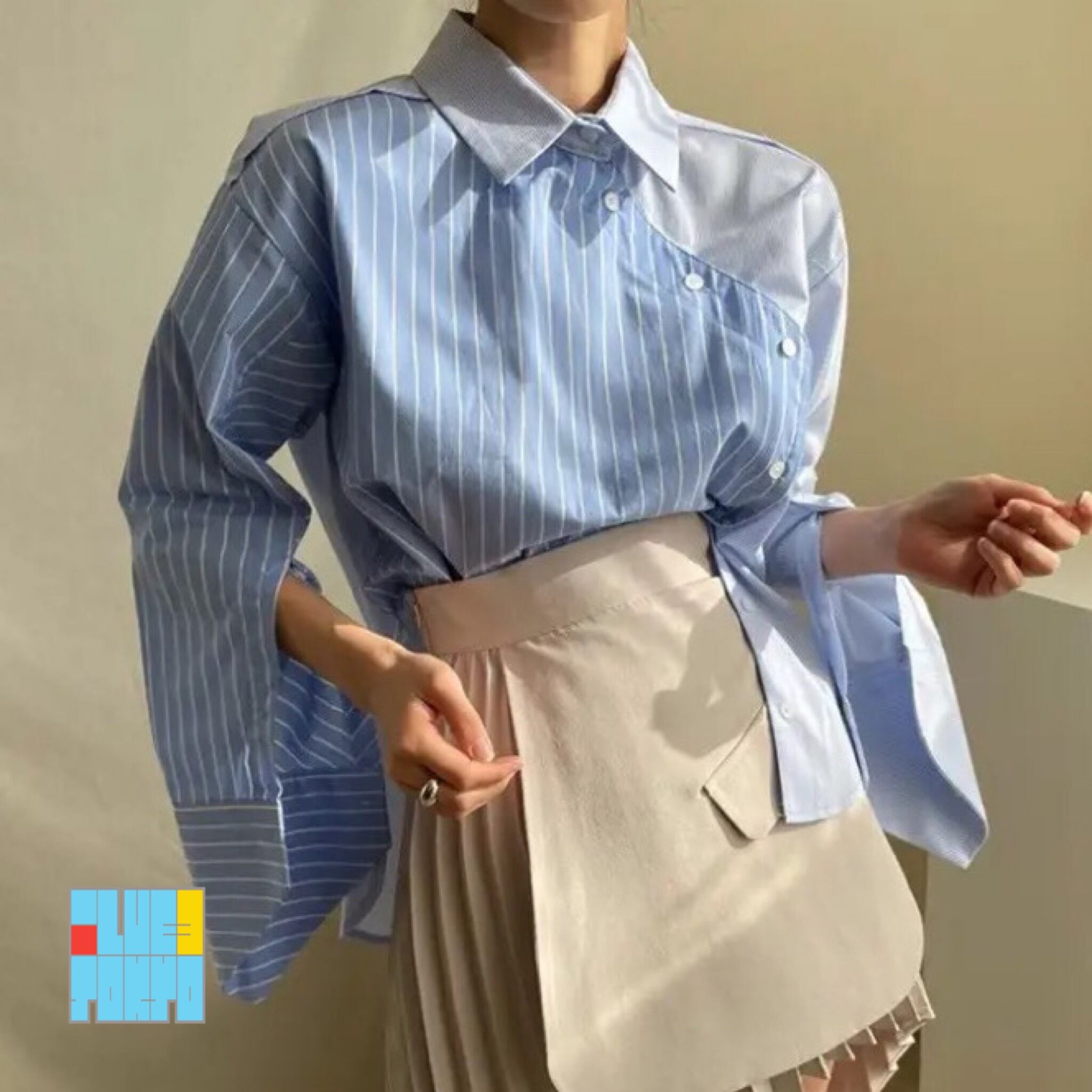 【 ストライプシャツ × オリエンタル 水色 】oriental striped shirt, light blue / ストライプ柄 変形  総柄シャツ 長袖シャツ ゆったり 青 モード チャイナシャツ レディース 原宿