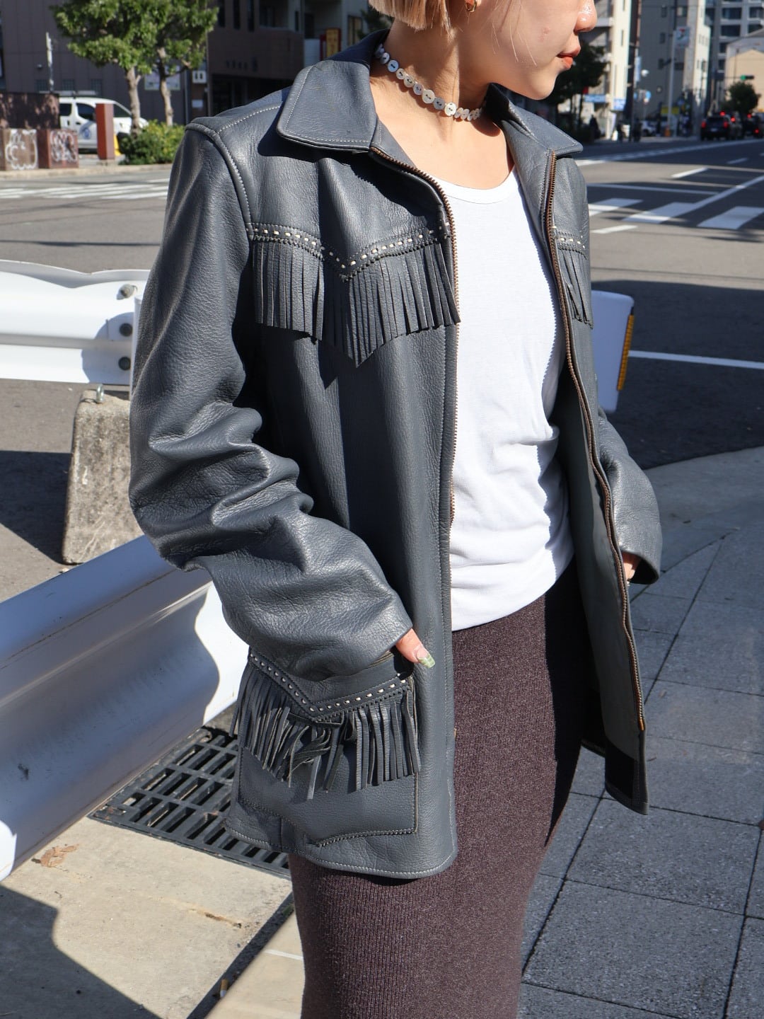70s fringe leather jacket【1902】