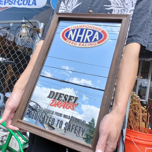 ビッグサイズ　アメリカンモーター　ウッドミラー/NHRA/アメリカン雑貨　インテリア　鏡　看板