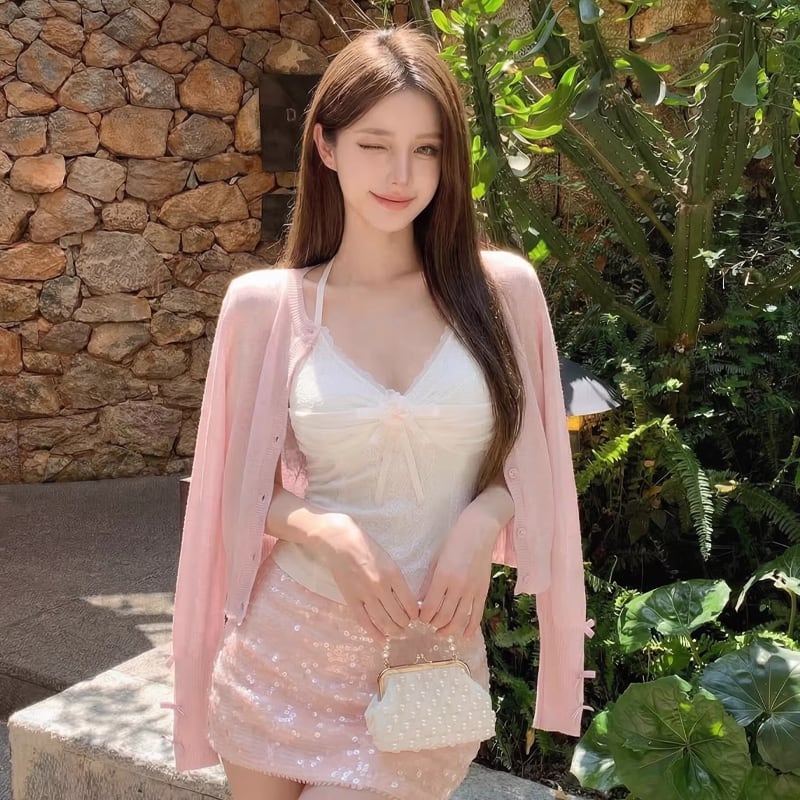 【outer】リボン付きニットカーディガン Q8291