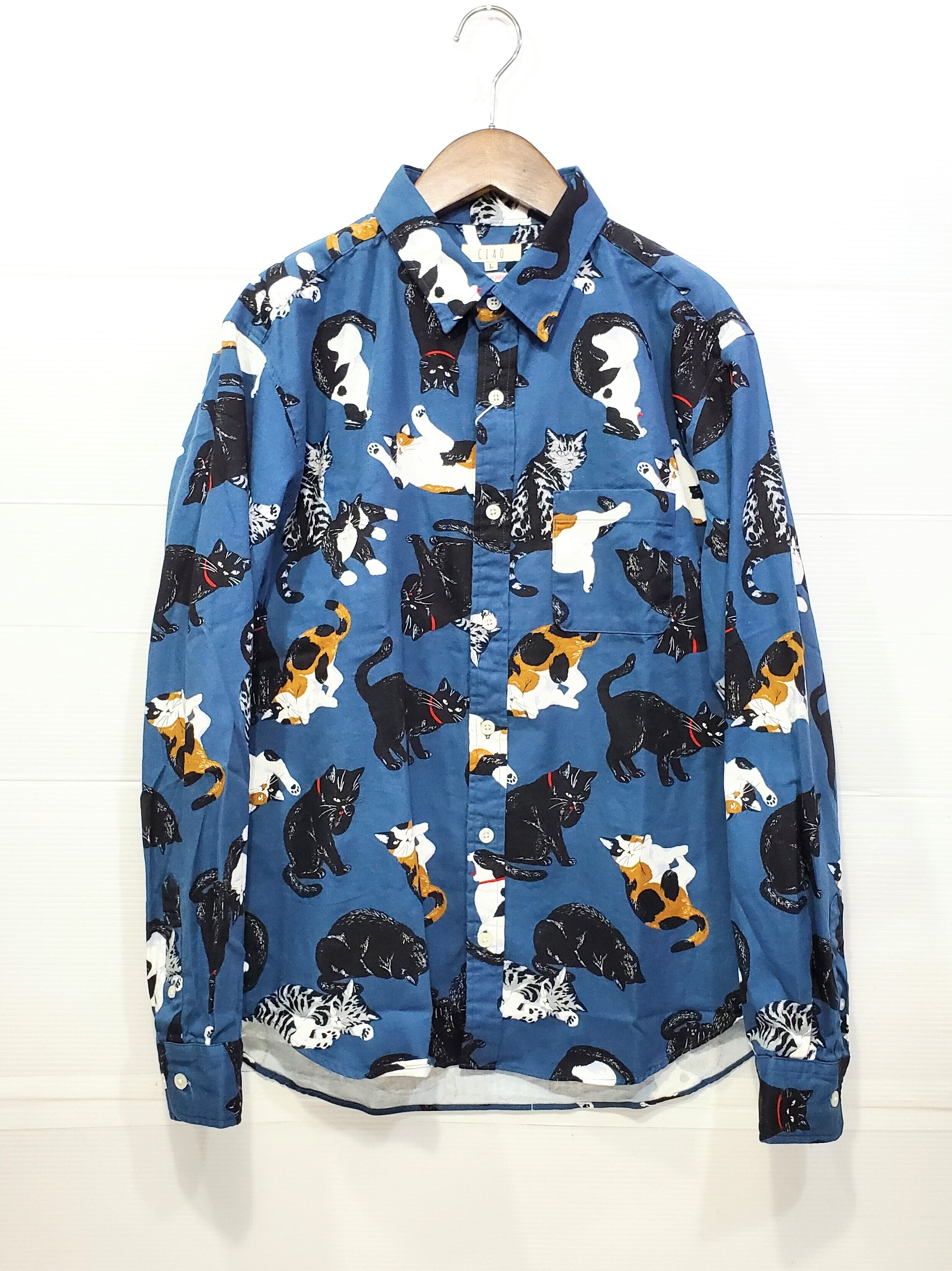 ネコいっぱい国産シャツ（ネイビー）