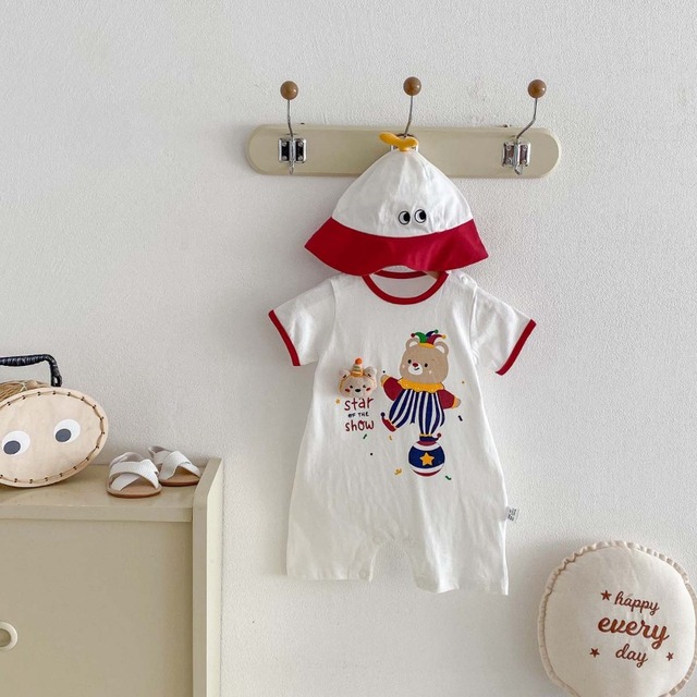 【BABY】スターショークラウンくまプリント半袖ロンパース - 1