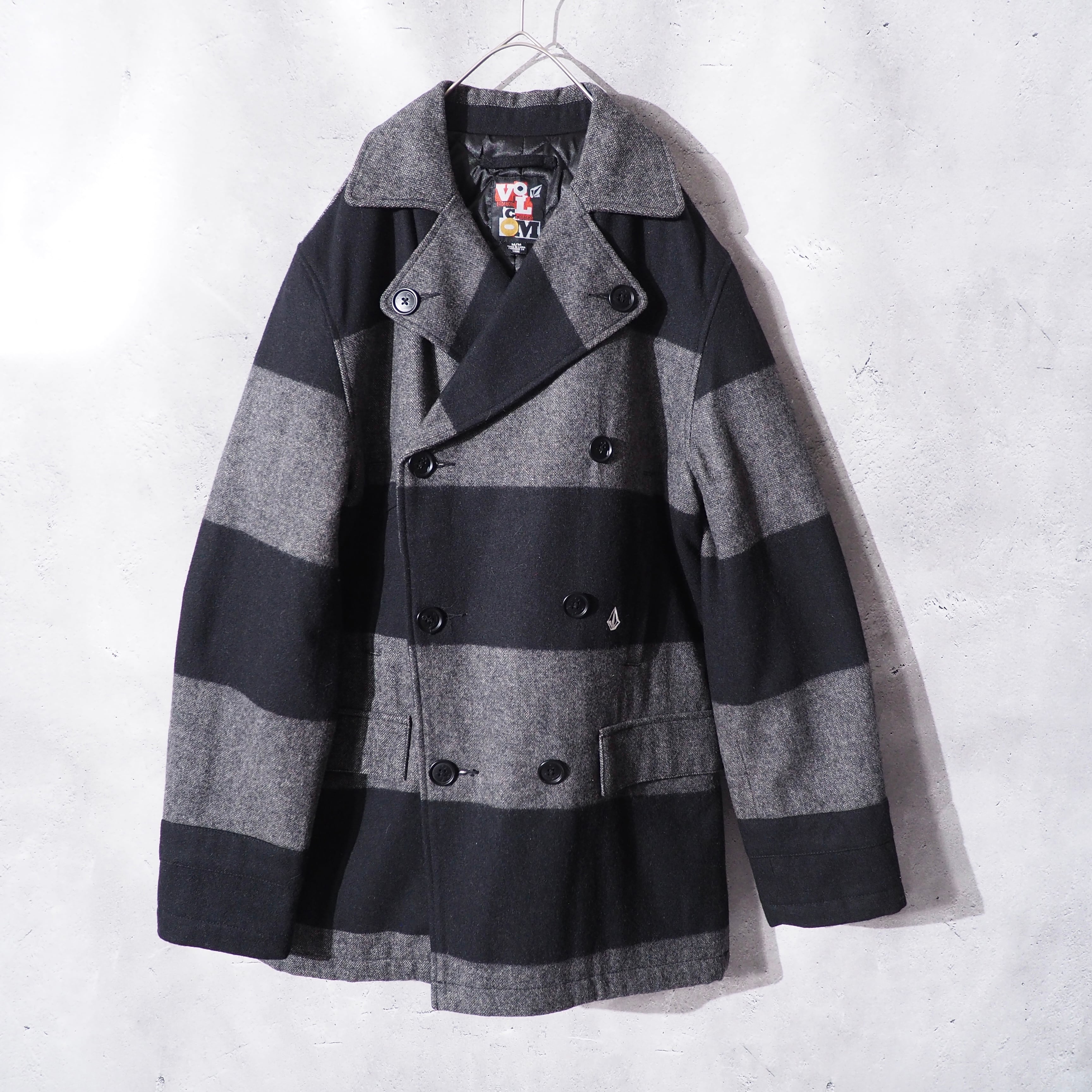 2000s " VOLCOM " Black × Dark grey Fat Border pattern wool Pea coat