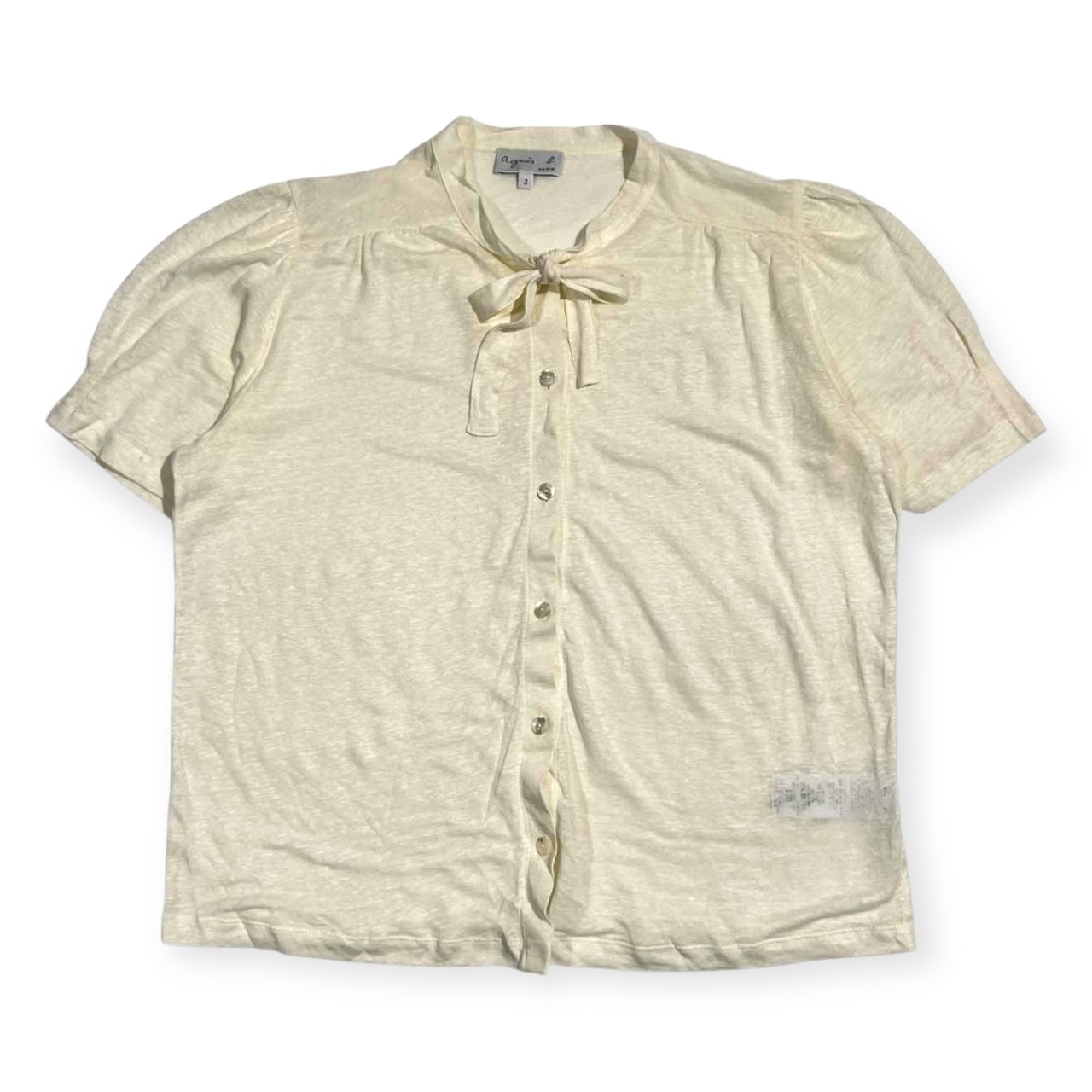 リネン100% agnes b. アニエスベー リボン 半袖 ニット カーディガン 3/アイボリー レディース