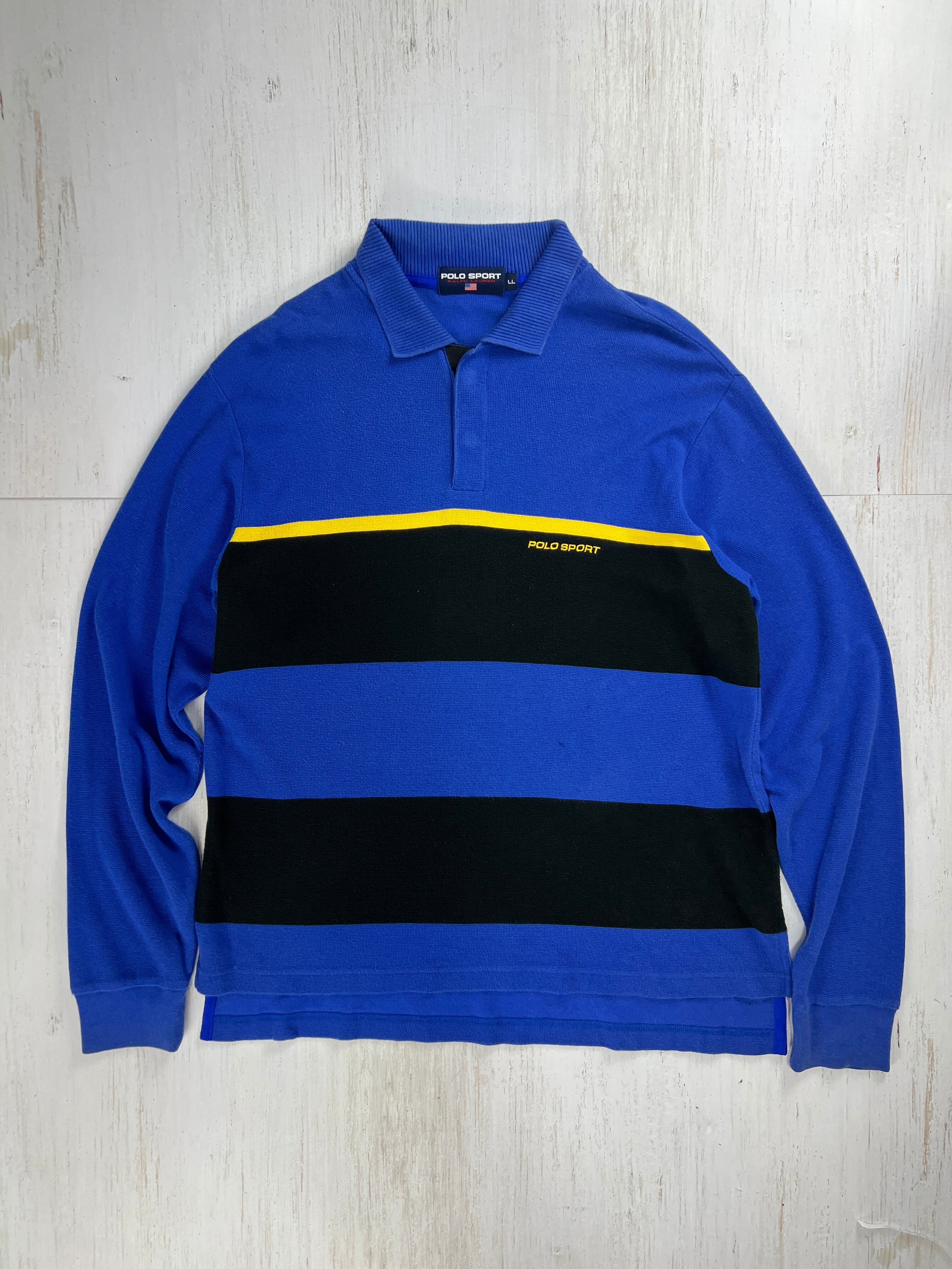 1990’s POLO SPORT Ralph Lauren Rugby Shirt Stripe Design Blue × Black × Yellow LL /ポロスポーツ ラルフローレン ラガーシャツ ストライプデザイン ブルー×ブラック×イエロー LL