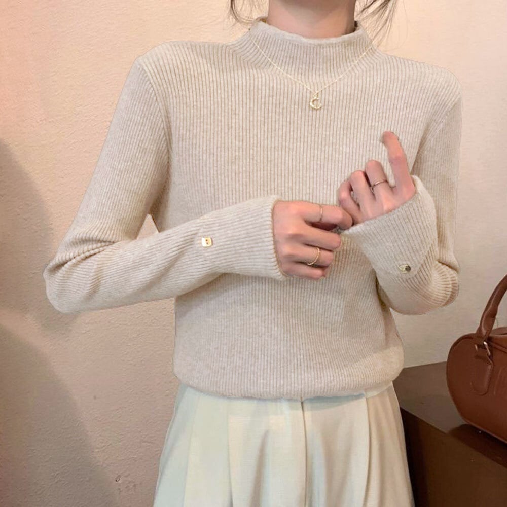 ハイネック リブニット 長袖 レディース 韓国 春秋冬 ニット きれいめ 大人 カジュアル おしゃれ 袖ボタン シンプル 通勤 無地 伸縮性 大人可愛い 大人女子