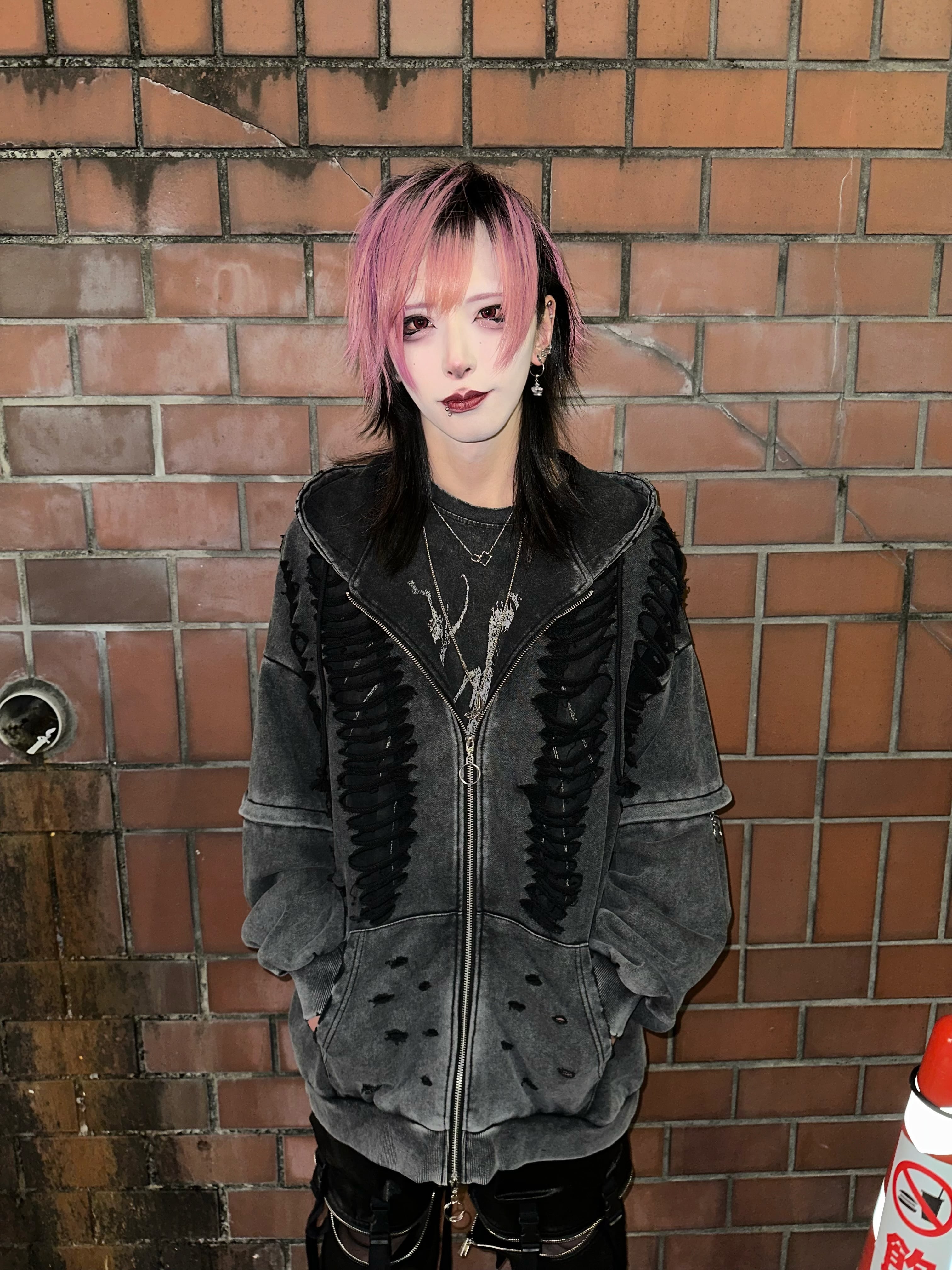 PSYNYXX ダブルジップダメージパーカー（ロング） サブカル 地雷