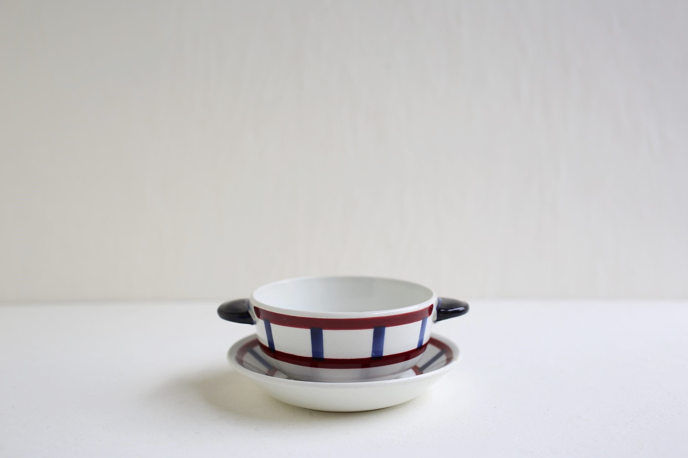 フランス アンティーク クレイユモントロー 『Béarn』バスク柄 耳付きプチボウル カップ&ソーサー N-03891a