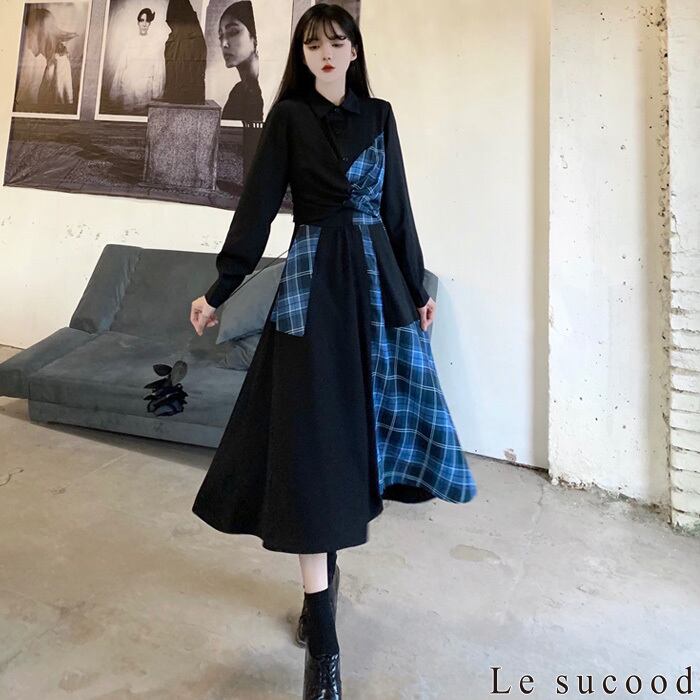 【Le sucood】【お支払い確認後20日以内発送】アシメチェックワンピース アシメワンピ チェックワンピ フレアワンピ デザインワンピ Aライン チェック柄 切り替え アシメデザイン ミモレ丈 ひざ下丈 長袖 きれいめ フェミニン レディース ストリート モード系 個性的 原宿系 青文字系